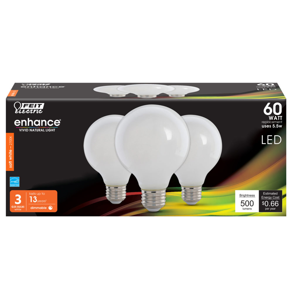 Feit Electric 60W G25 2700K Soft White Filament LED Bulb 3pk - Ascmtools