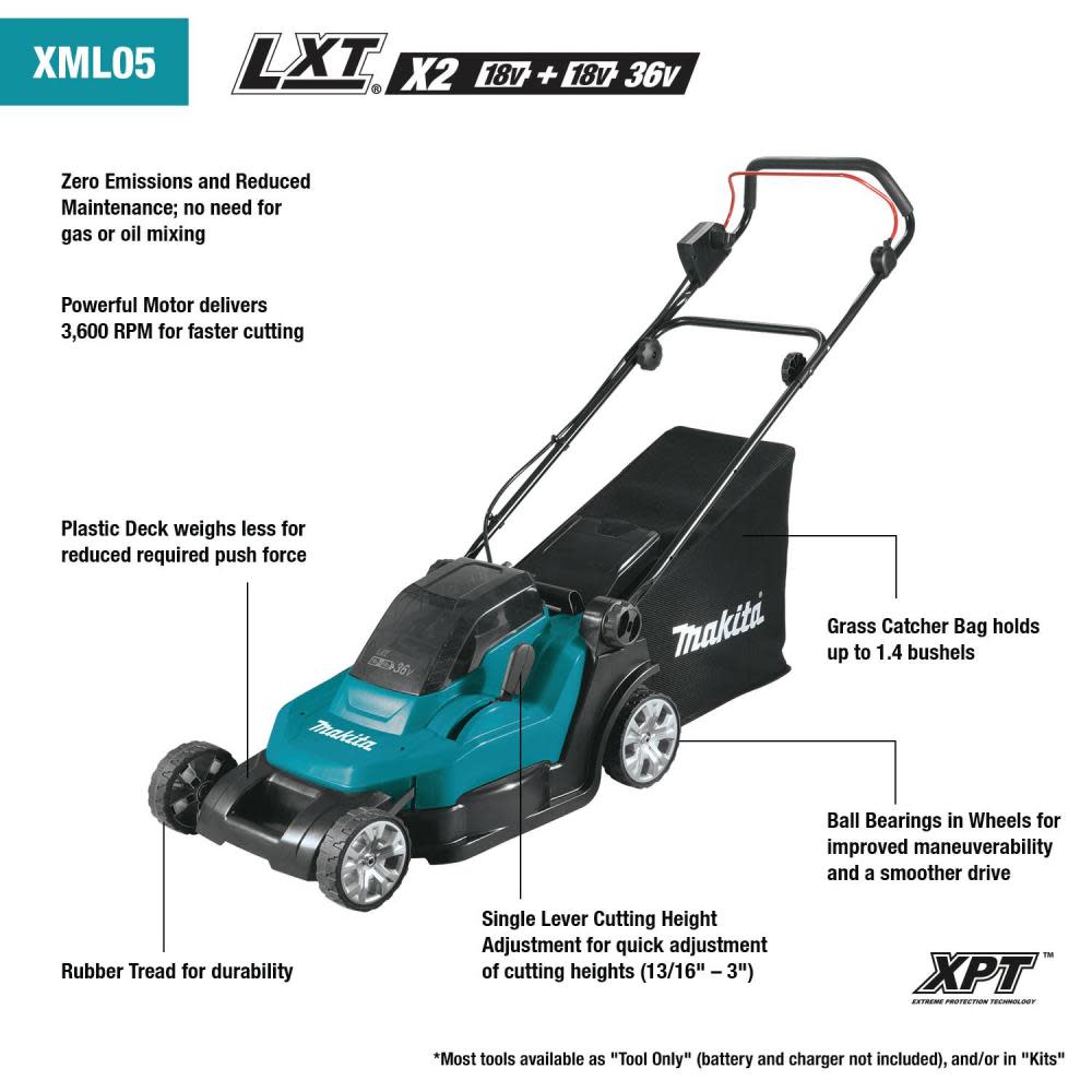 Makita 18V X2 (36V) LXT Lithium-Ion Cordless 17″ Residential Lawn Mower Kit (5.0Ah) - Ascmtools