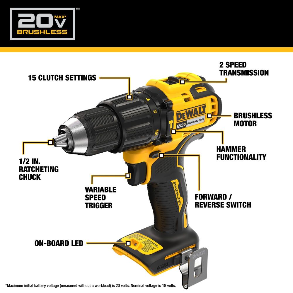 DEWALT 20V MAX 1/2″ Hammer Drill Cordless Bare Tool - Ascmtools