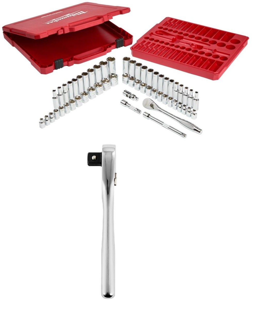 Milwaukee 3/8″ Drive 56pc Tool Set SAE/Metric with 12″ Ratchet Bundle - Ascmtools