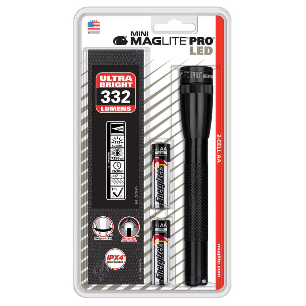 Maglite Mini Pro LED 2-Cell AA Black Flashlight with Holster - Ascmtools