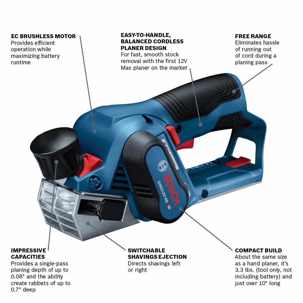 Bosch 12V MAX EC Brushless Planer (Bare Tool) - Ascmtools
