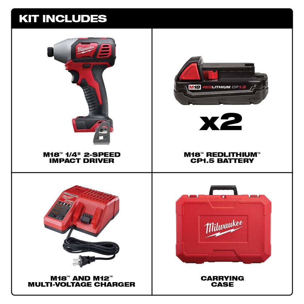 Milwaukee M18 2 Speed 1/4 Hex Impact Driver Compact Kit - Ascmtools