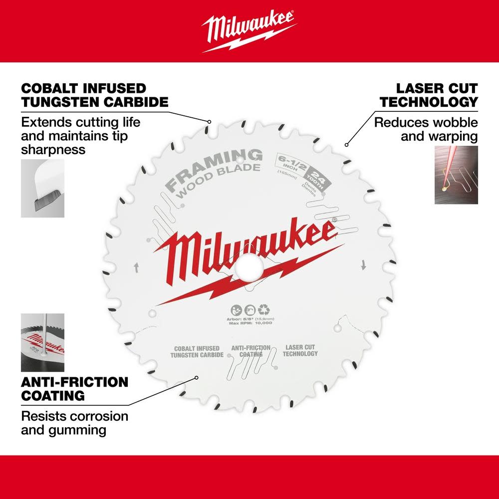Milwaukee 6-1/2 24T Framing Circular Saw Blade 2PK - Ascmtools