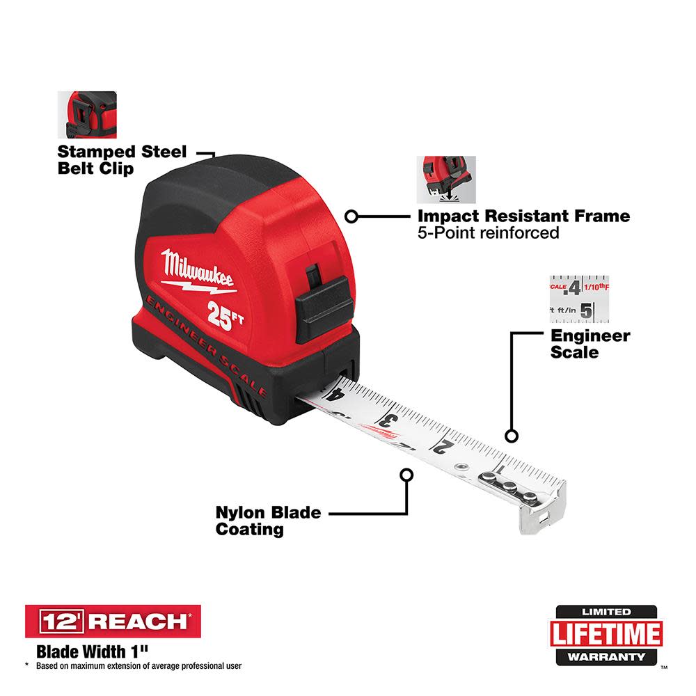 Milwaukee 25′ Compact Tape Measure with Engineer Scale - Ascmtools