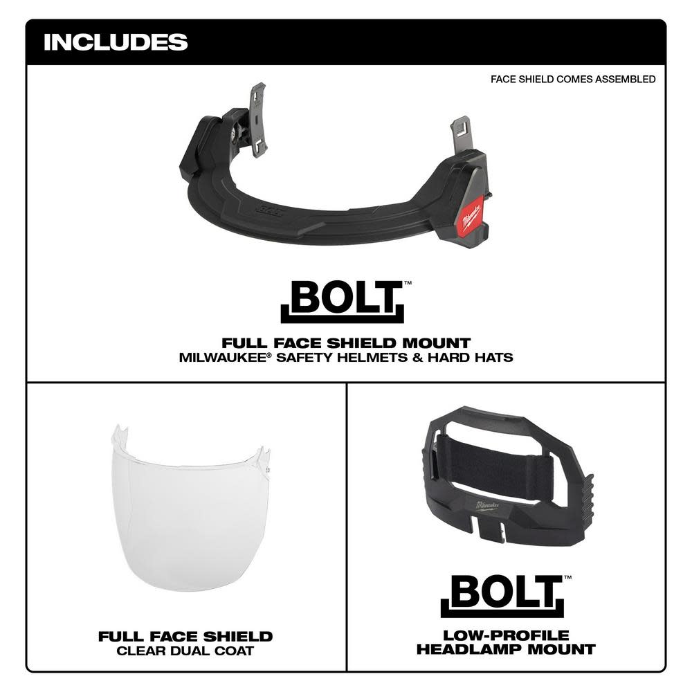 Milwaukee BOLT Full Face Shield Clear Dual Coat Lens Compatible with Safety Helmets & Hard Hats - Ascmtools