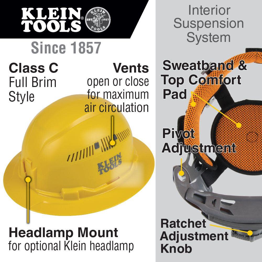 Klein Tools Hard Hat Vented Full Brim Yellow - Ascmtools