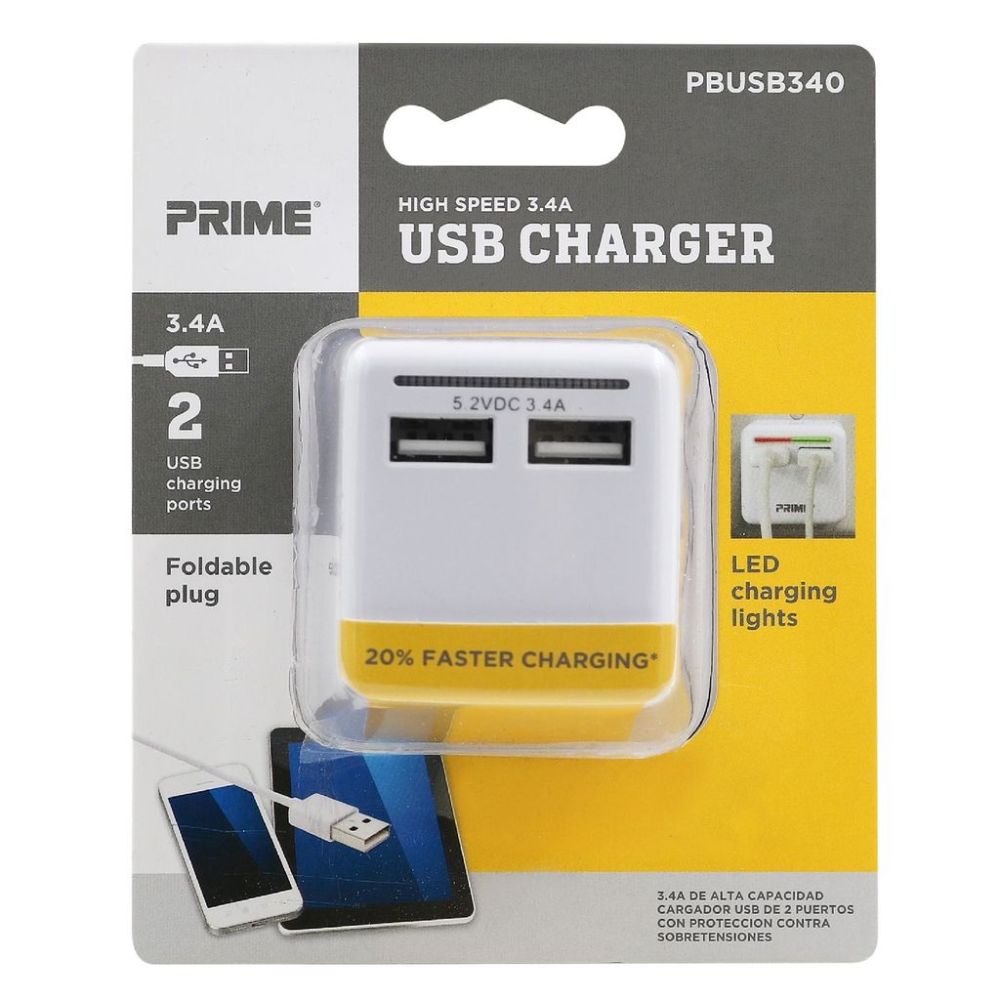 Prime 2 Port USB Travel Charger with Retractable Plug - Ascmtools