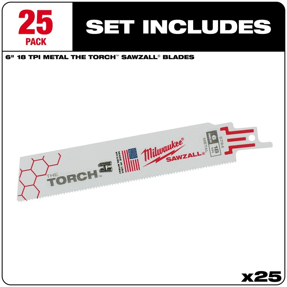 Milwaukee 6 in. 18 TPI THE TORCH SAWZALL Blade 25PK - Ascmtools