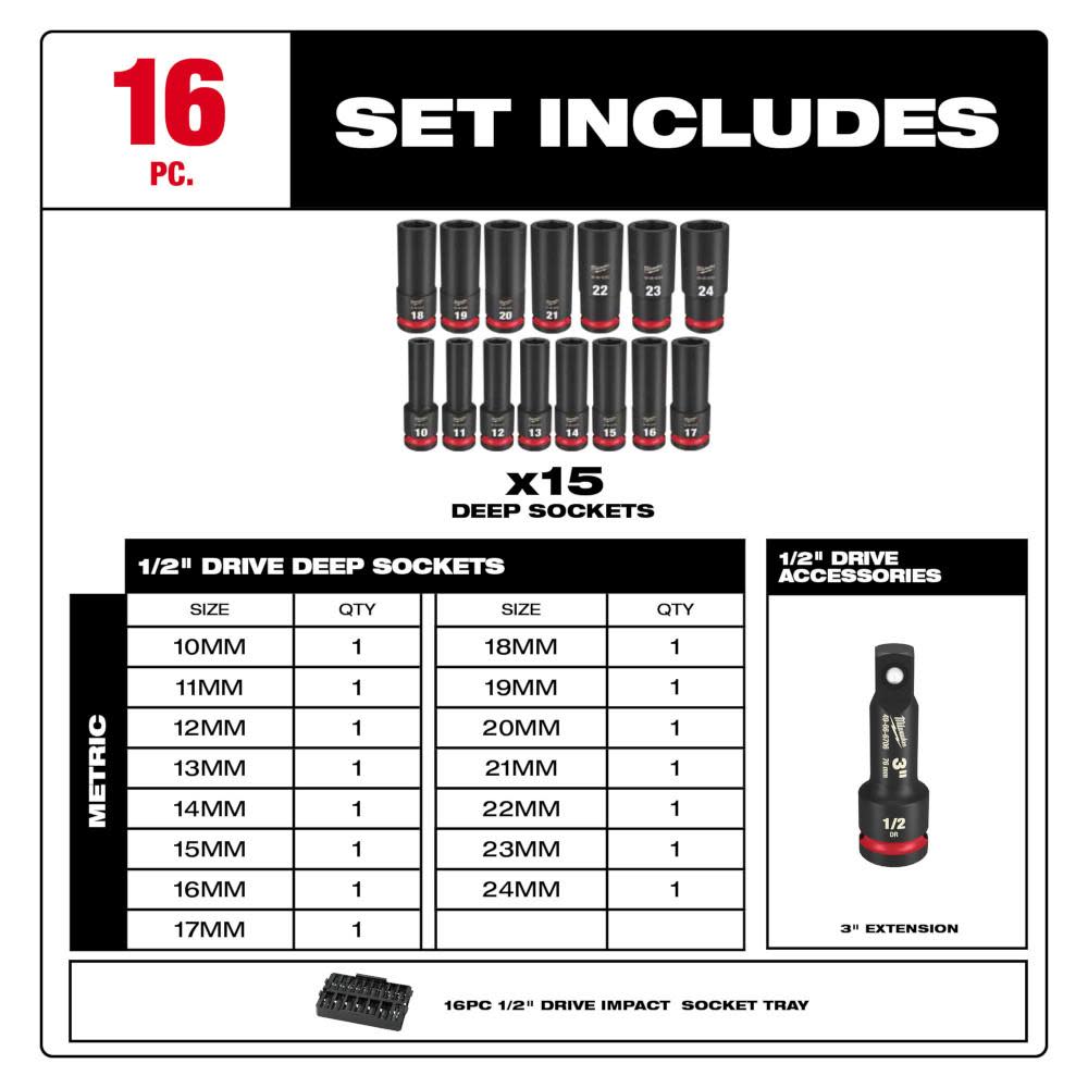 Milwaukee SHOCKWAVE Impact Duty Socket 1/2 Dr 16pc MM Tray Set - Ascmtools