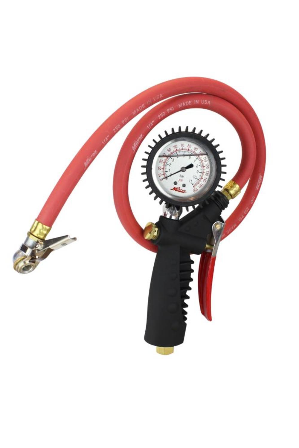 Milton 573A Pro Analog Pistol Grip Inflator Gauge – 36″ Hose and Ball Chuck with Clip – 230 PSI - Ascmtools