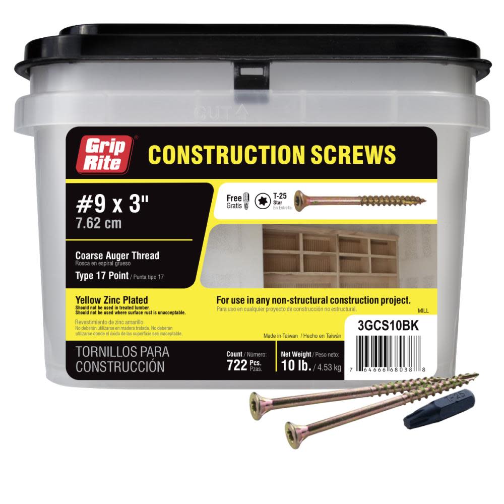 Grip Rite 10-Lb #9 x 3-in Bugle-Head Yellow Zinc Type 17 Star-Drive Interior Wood Screw - Ascmtools