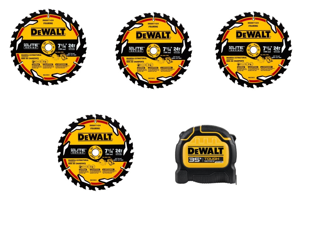 DEWALT Elite Series Circular Saw Blade 4pk Bundle with BONUS ToughSeries Tape Measure 35′ - Ascmtools
