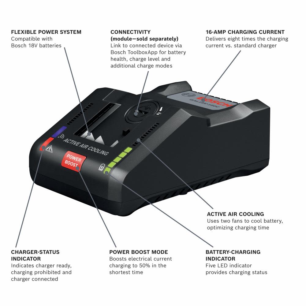 Bosch 18V Connected-Ready Lithium-Ion 16 Amp Battery Turbo Charger with Power Boost GAL18V-160C - Ascmtools