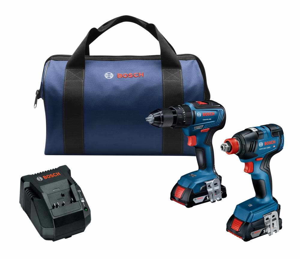 Bosch 18V 2 Tool Combo Kit with 1/2″ Hammer Drill Driver 1/4″ & 1/2″ Bit Socket Impact Driver with Two 2Ah SlimPack Batteries - Ascmtools