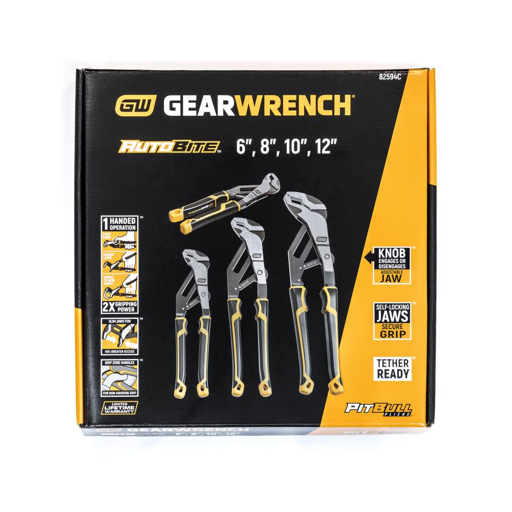 GEARWRENCH 4 Pc Pitbull Auto-Bite Tongue & Groove Dual Material Pliers with K9 Jaws - Ascmtools