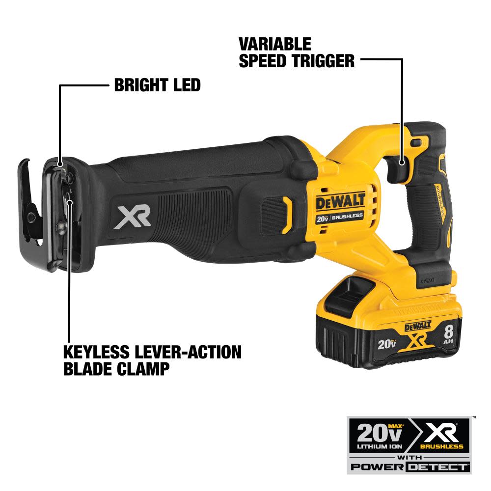 DEWALT 20V MAX* POWER DETECT XR Brushless Reciprocating Saw Kit - Ascmtools