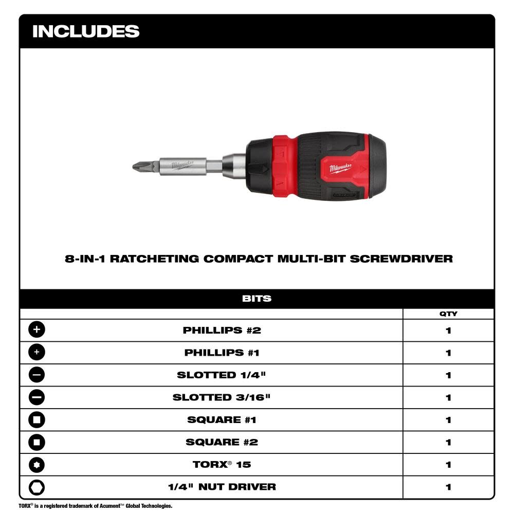 Milwaukee 8-in-1 Ratcheting Compact Multi-Bit Screwdriver - Ascmtools