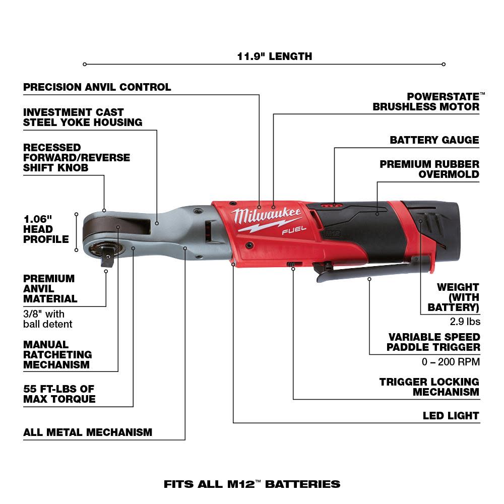 Milwaukee M12 FUEL  Ratchet 2 Battery Kit - Ascmtools