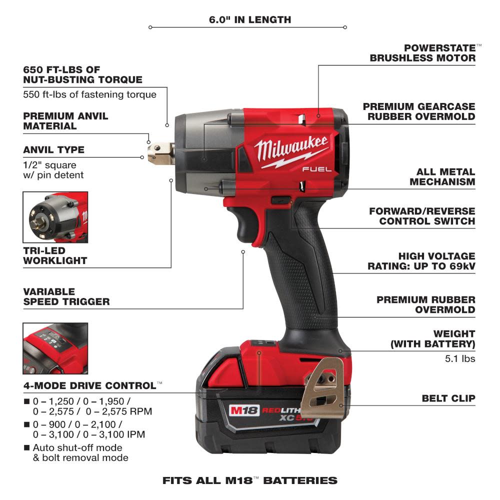 Milwaukee M18 FUEL 1/2 Mid-Torque Impact Wrench with Pin Detent Kit - Ascmtools