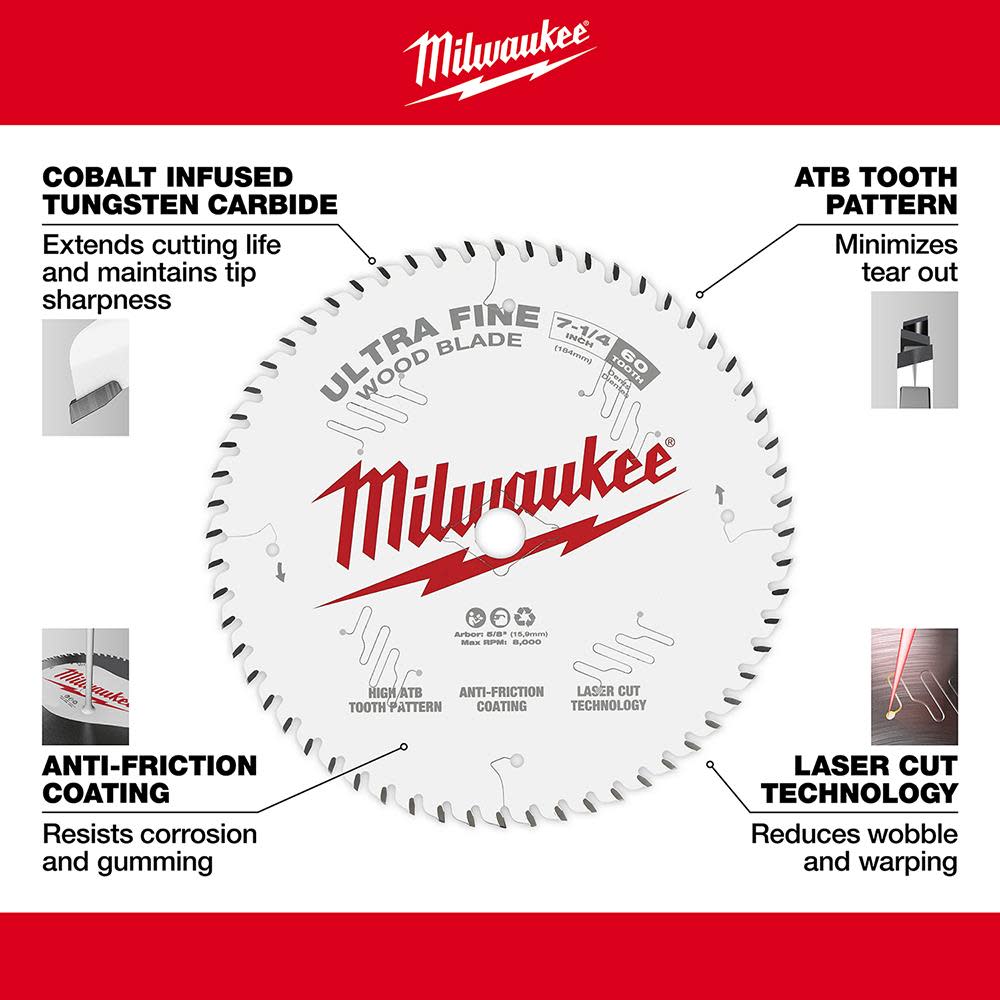 Milwaukee 7-1/4 in. 60T Ultra Fine Finish Circular Saw Blade - Ascmtools