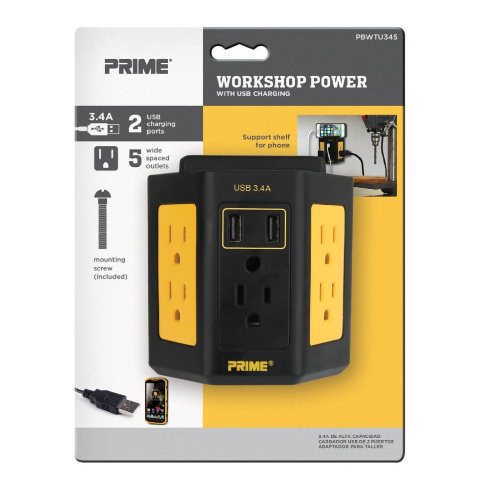 Prime 5-Outlet Workshop Tap with 2-Port 3.4A USB Charger - Ascmtools