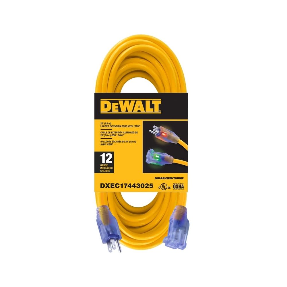 DEWALT Extension Cord Yellow Lighted 25′ 12/3 SJTW - Ascmtools
