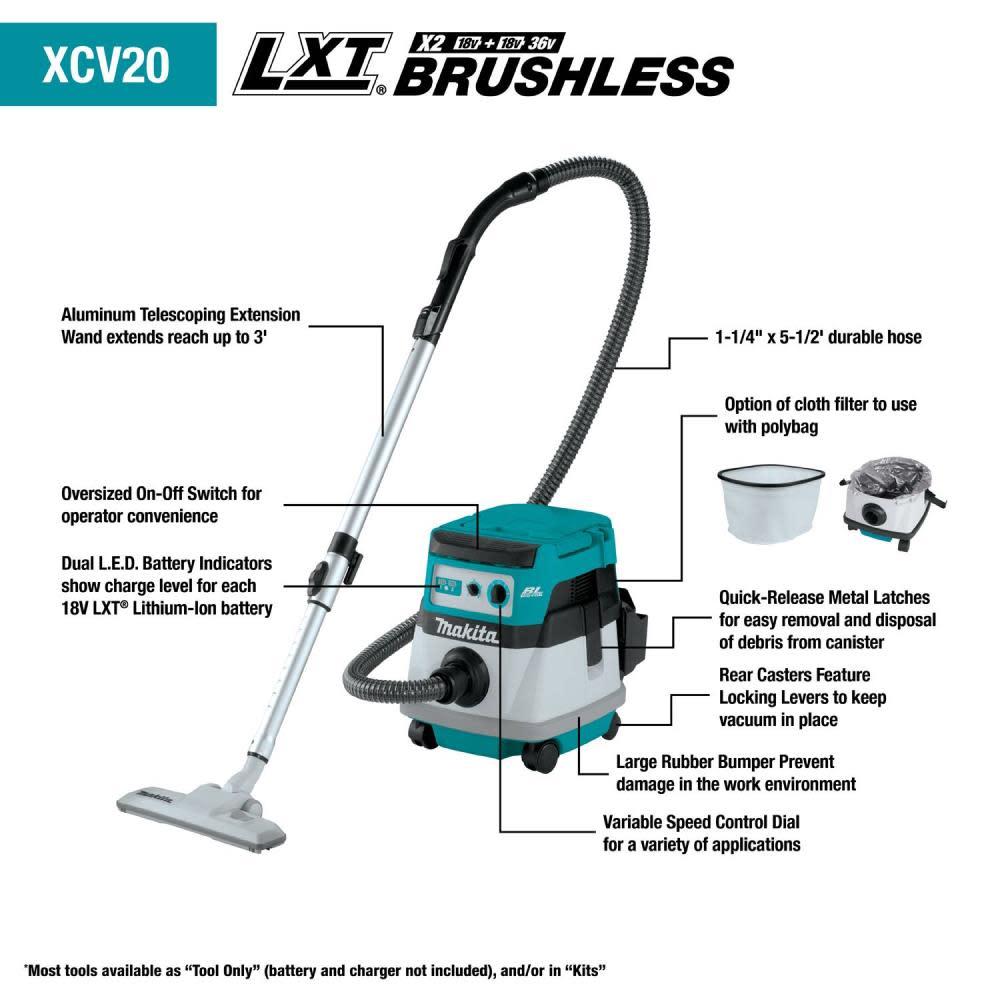 Makita 18V X2 36V LXT 2.1 Gallon Wet/Dry Dust Extractor/Vacuum Bare Tool - Ascmtools