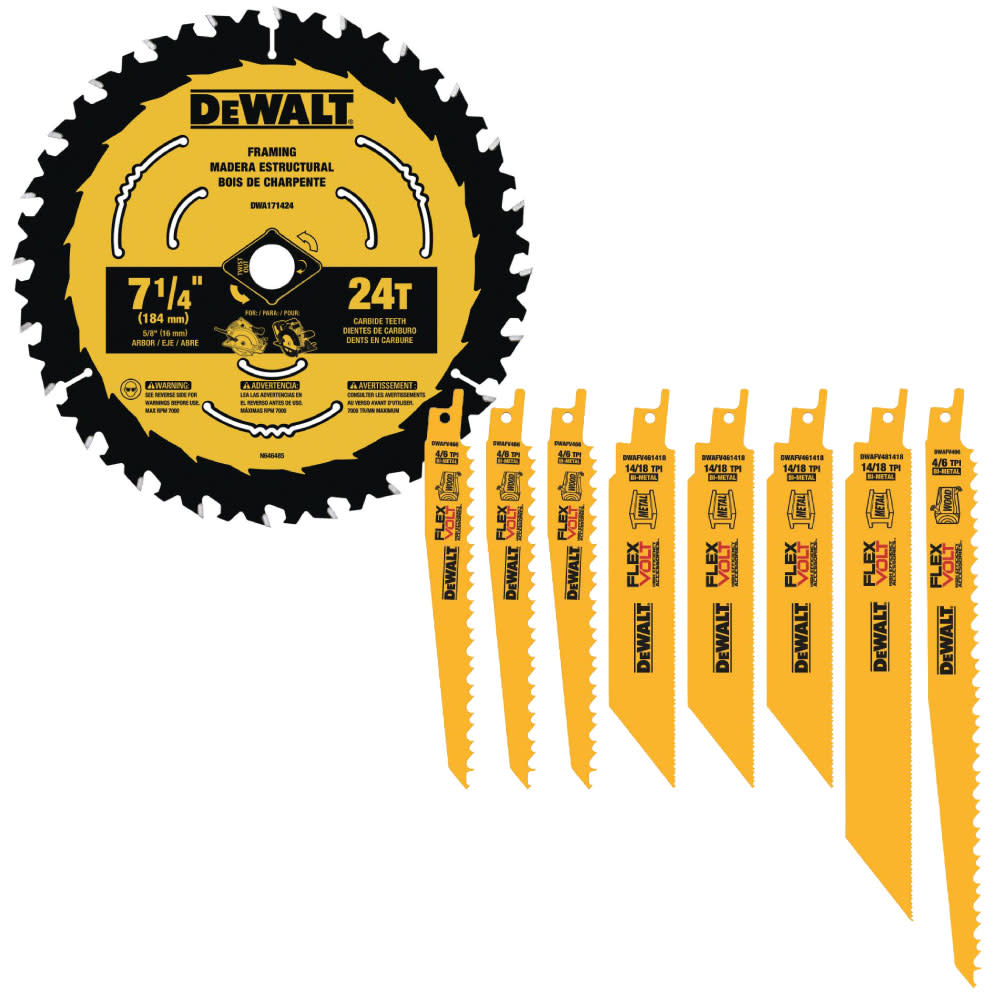 DEWALT FLEXVOLT Reciprocating Saw Blade Set- 8 Pack and 7-1/4-in 24T Saw Blades with ToughTrack Tooth Design – 3 pack - Ascmtools
