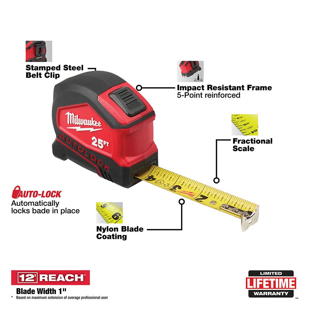 Milwaukee 25 ft. Compact Auto Lock Tape - Ascmtools