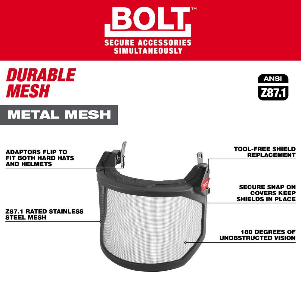 Milwaukee BOLT Full Face Shield Metal Mesh Compatible with Safety Helmets & Hard Hats - Ascmtools