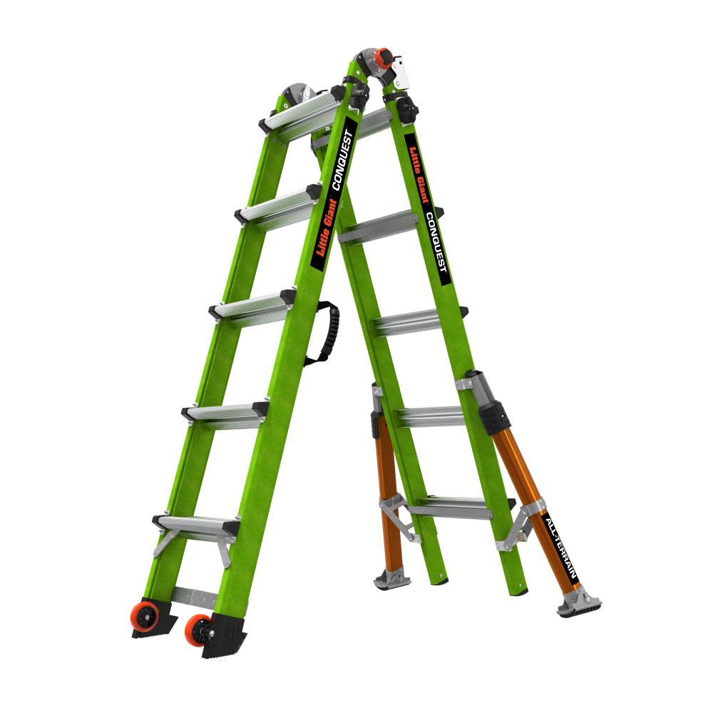 Little Giant Safety Conquest All-Terrain Model 22 – ANSI Type 1A – 300 lb Rated – Fiberglass Articulated Extendable Ladder with Adjustable Outriggers Accessory Ports Carry Handle V-Bar and Tip & Glide Wheels - Ascmtools