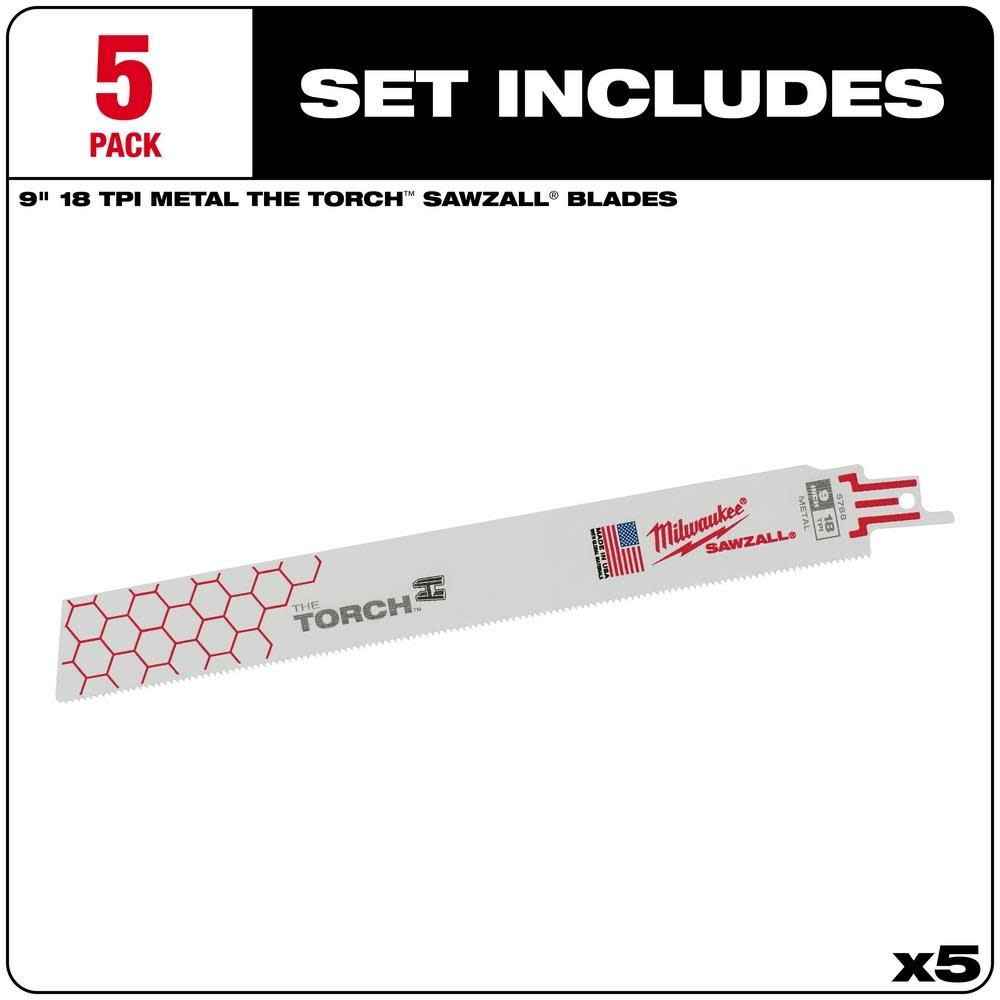 Milwaukee 9 in. 18 TPI THE TORCH SAWZALL Blade 5PK - Ascmtools