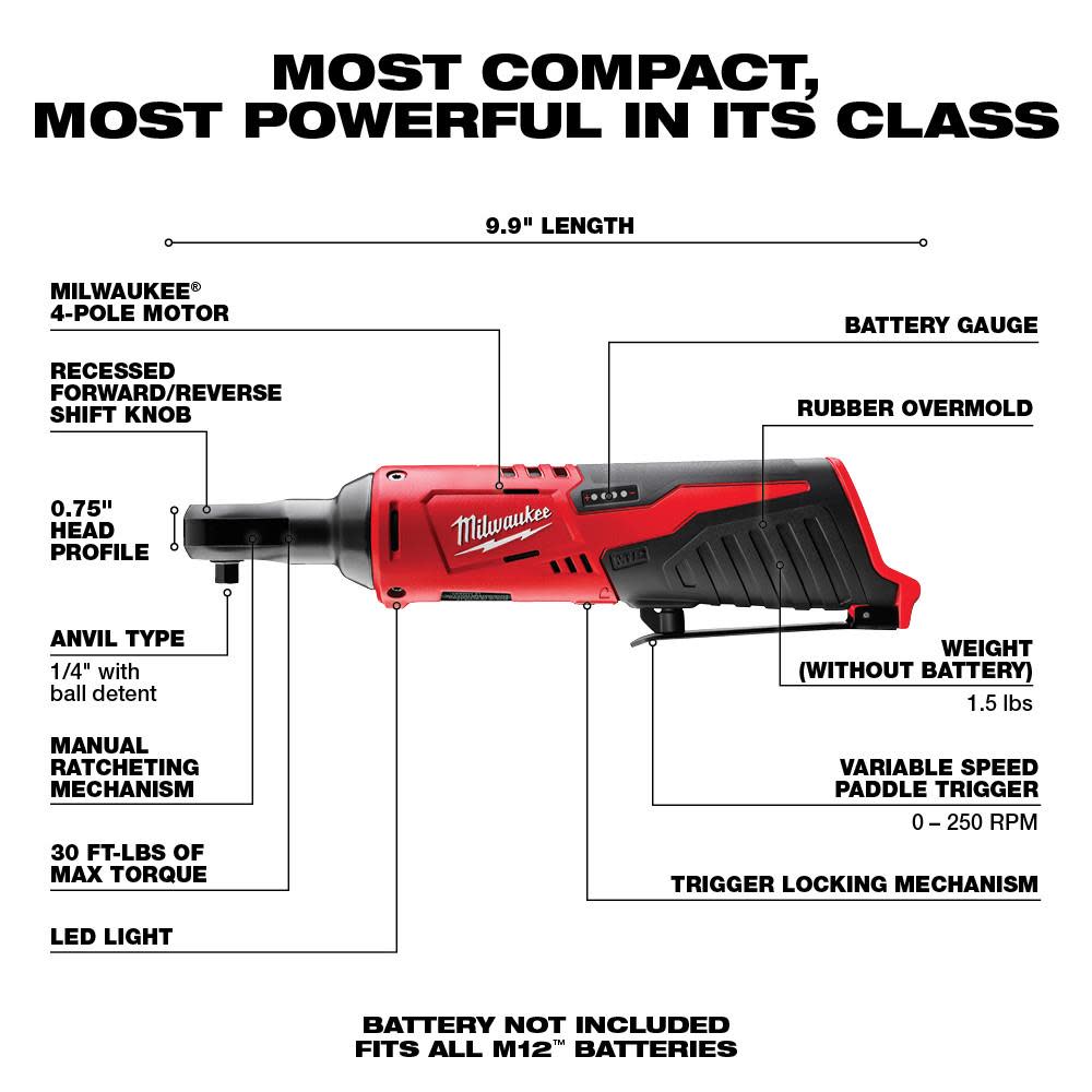 Milwaukee M12 Cordless 1/4 In. Ratchet (Bare Tool) - Ascmtools
