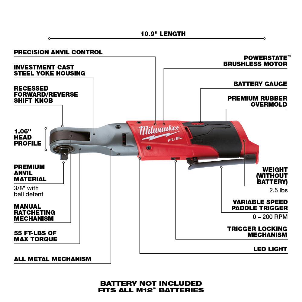 Milwaukee M12 FUEL  Ratchet (Tool Only) - Ascmtools