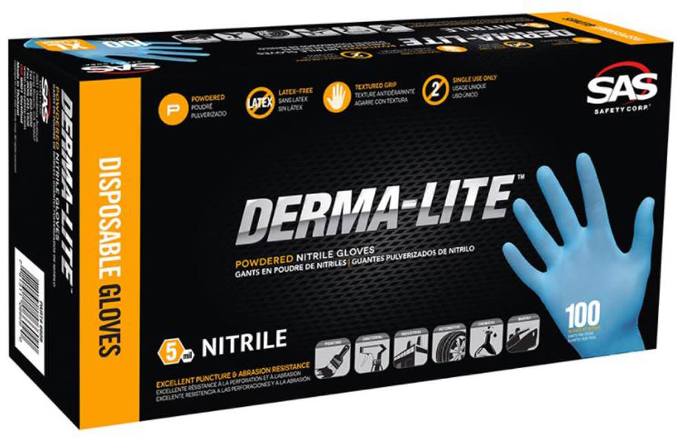 SAS Safety Derma-Lite Disposable Gloves Powdered Nitrile Box of 100 Gloves 2X - Ascmtools