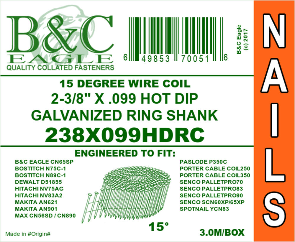 B and C Eagle 2-3/8 x .099 Wire Collated Ring HDG Coil Framing Nails 500pc - Ascmtools
