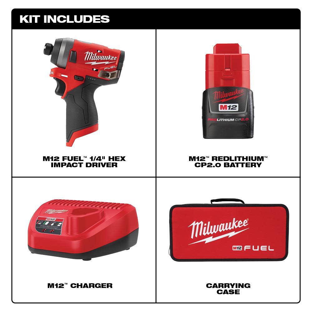 Milwaukee M12 FUEL 1/4″ Impact Driver Single Battery Kit - Ascmtools