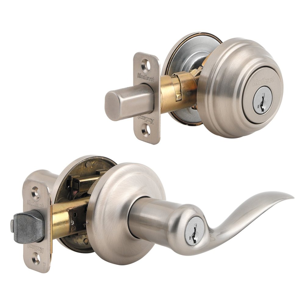 Kwikset Satin Nickel Tustin Door Lever & Single Cylinder Deadbolt Set - Ascmtools
