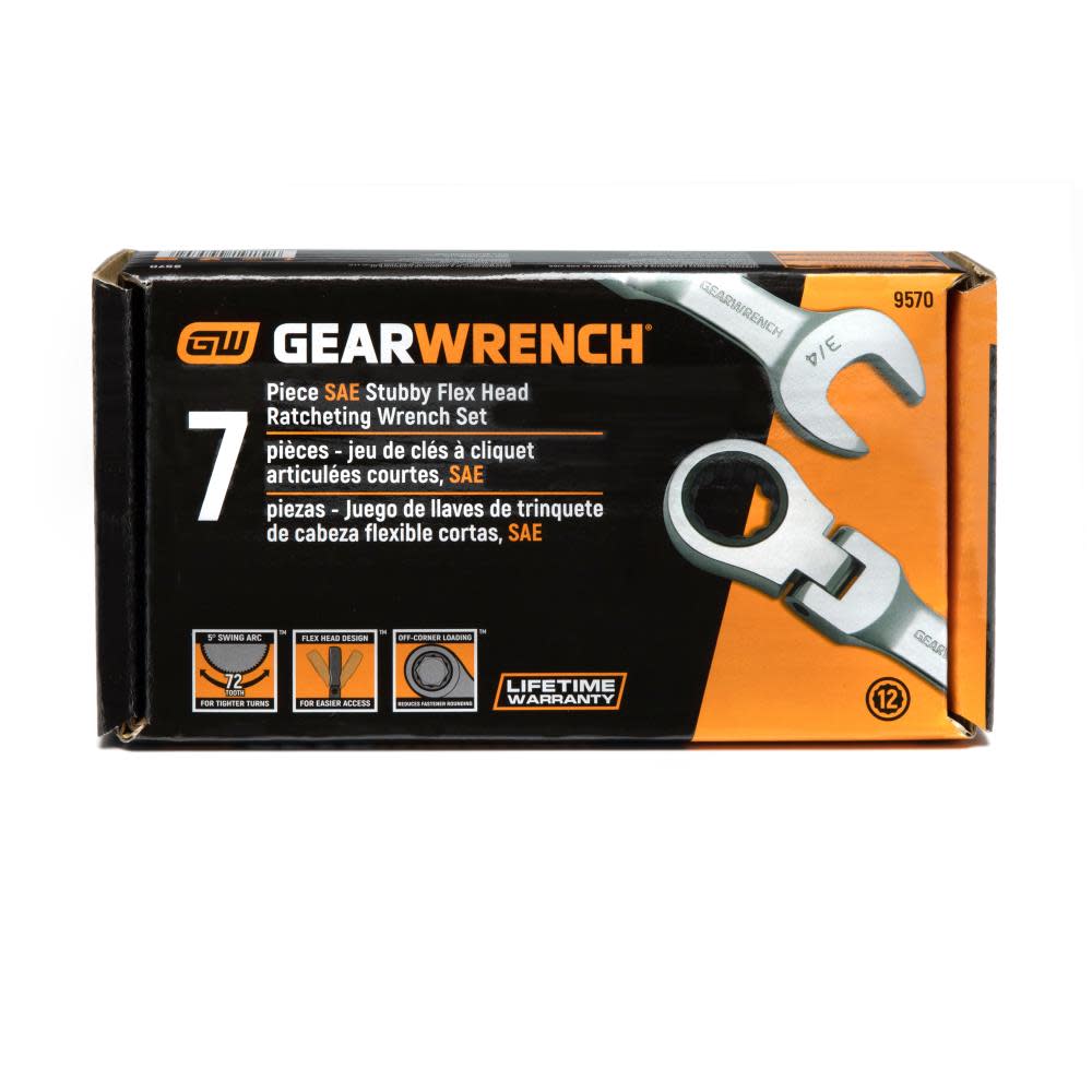GEARWRENCH Ratcheting Wrench Set 7 pc. SAE Stubby Flex Combination - Ascmtools