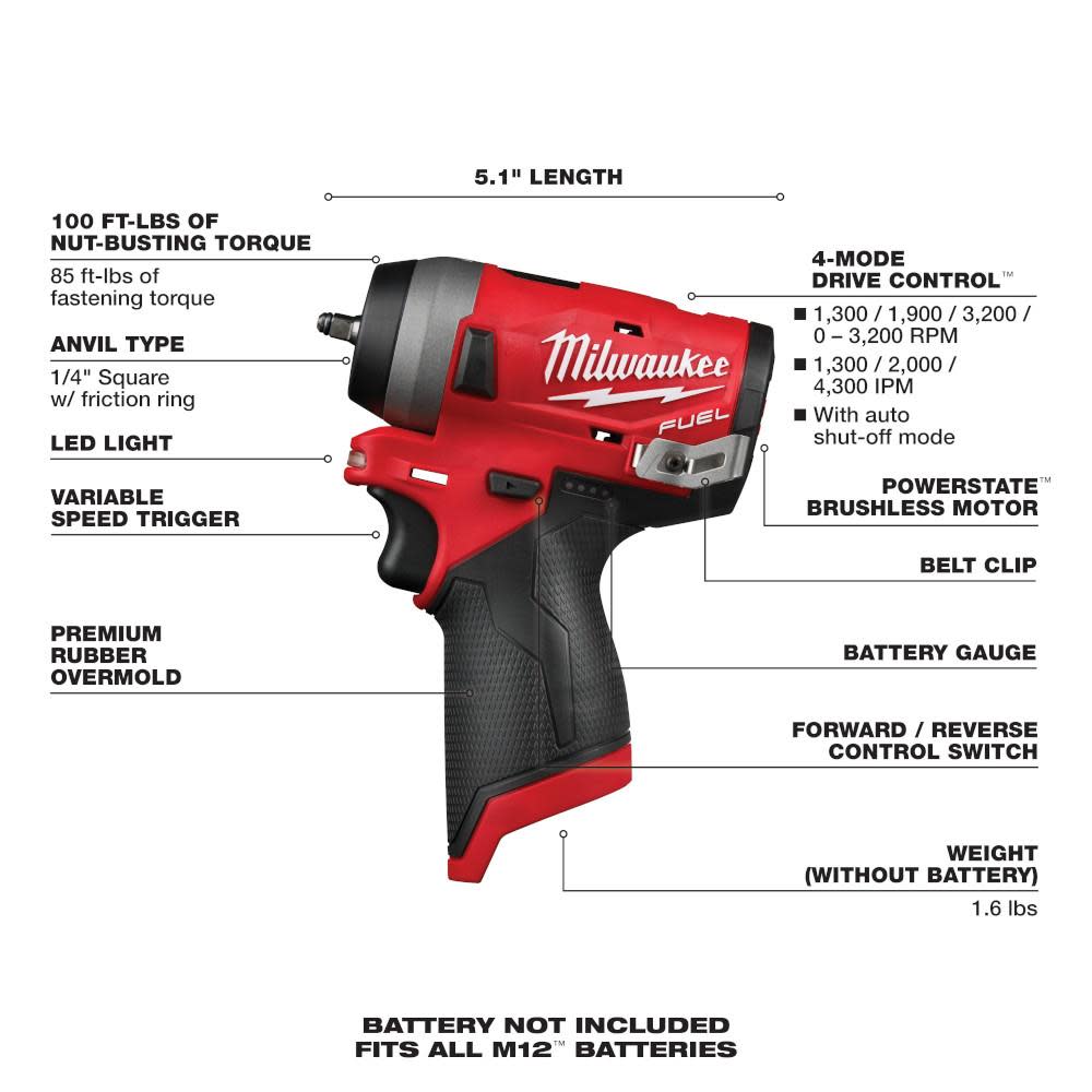 Milwaukee M12 FUEL Stubby 1/4 in. Impact Wrench - Ascmtools