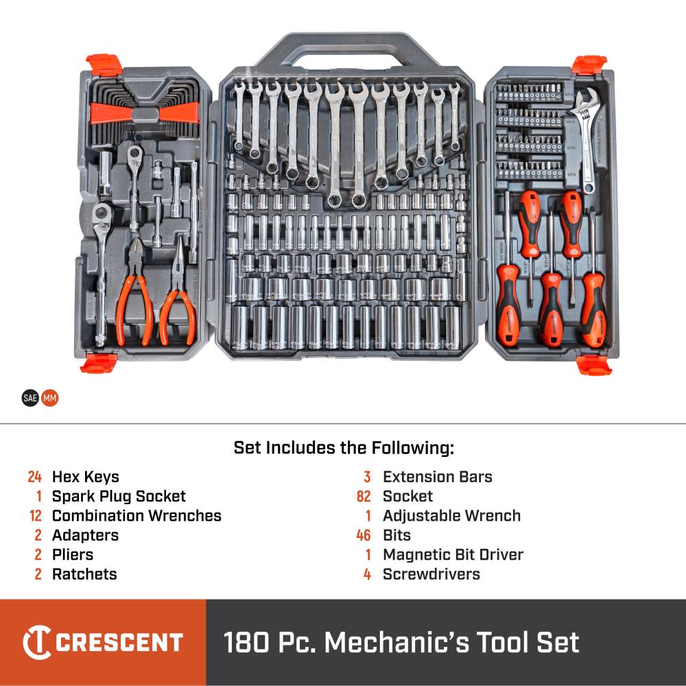 Crescent 180 Piece 1/4″ and 3/8″ Drive 6 Point SAE/Metric Professional Tool Set - Ascmtools