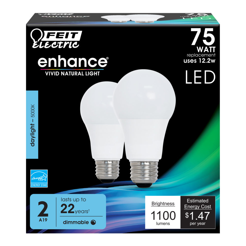 Feit Electric 75W Enhance A19 5000K Dimmable LED Bulb 2pk - Ascmtools