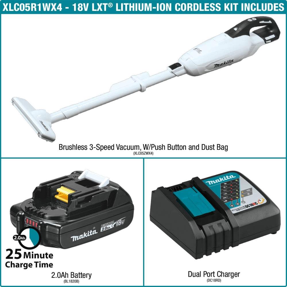 Makita 18V LXT Compact Vacuum Kit with Push Button & Dust Bag - Ascmtools