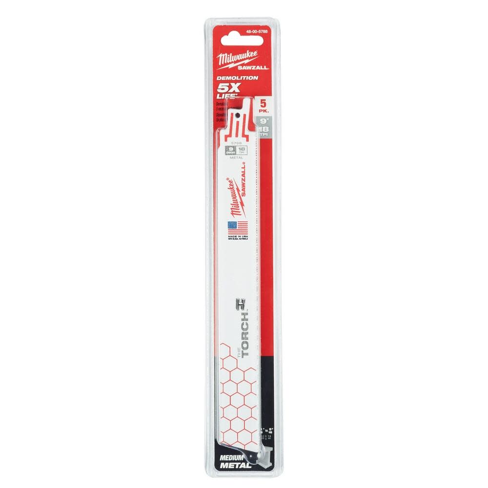 Milwaukee 9 in. 18 TPI THE TORCH SAWZALL Blade 5PK - Ascmtools
