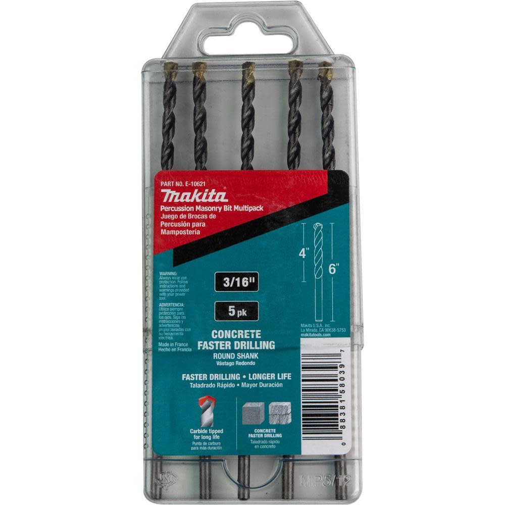 Makita Carbide Tipped Percussion Masonry Hammer Drill Bits 3/16″ x 6″ 5pk - Ascmtools