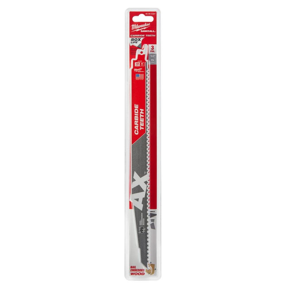 Milwaukee 12 in. 5 TPI The Ax Carbide Teeth SAWZALL Blades 3PK - Ascmtools