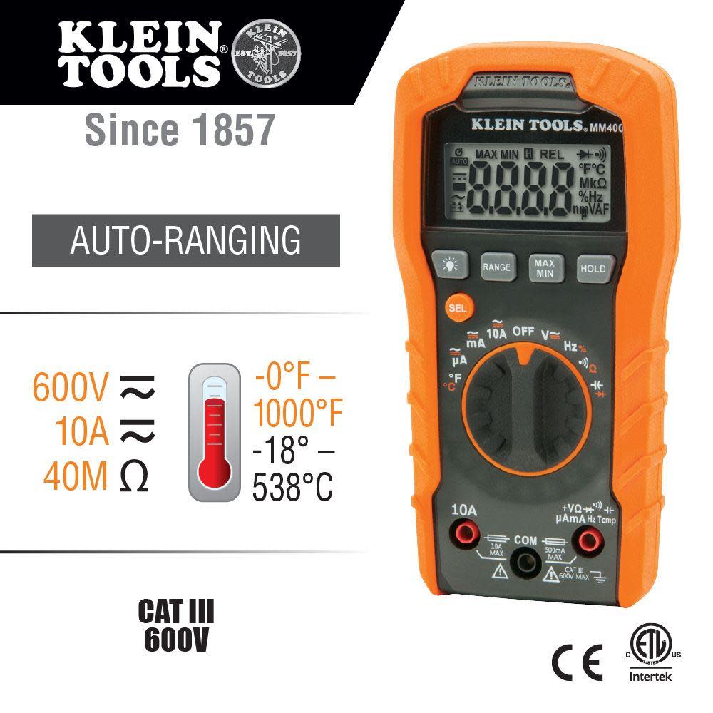 Klein Tools Digital Multimeter Auto-Range 600V - Ascmtools