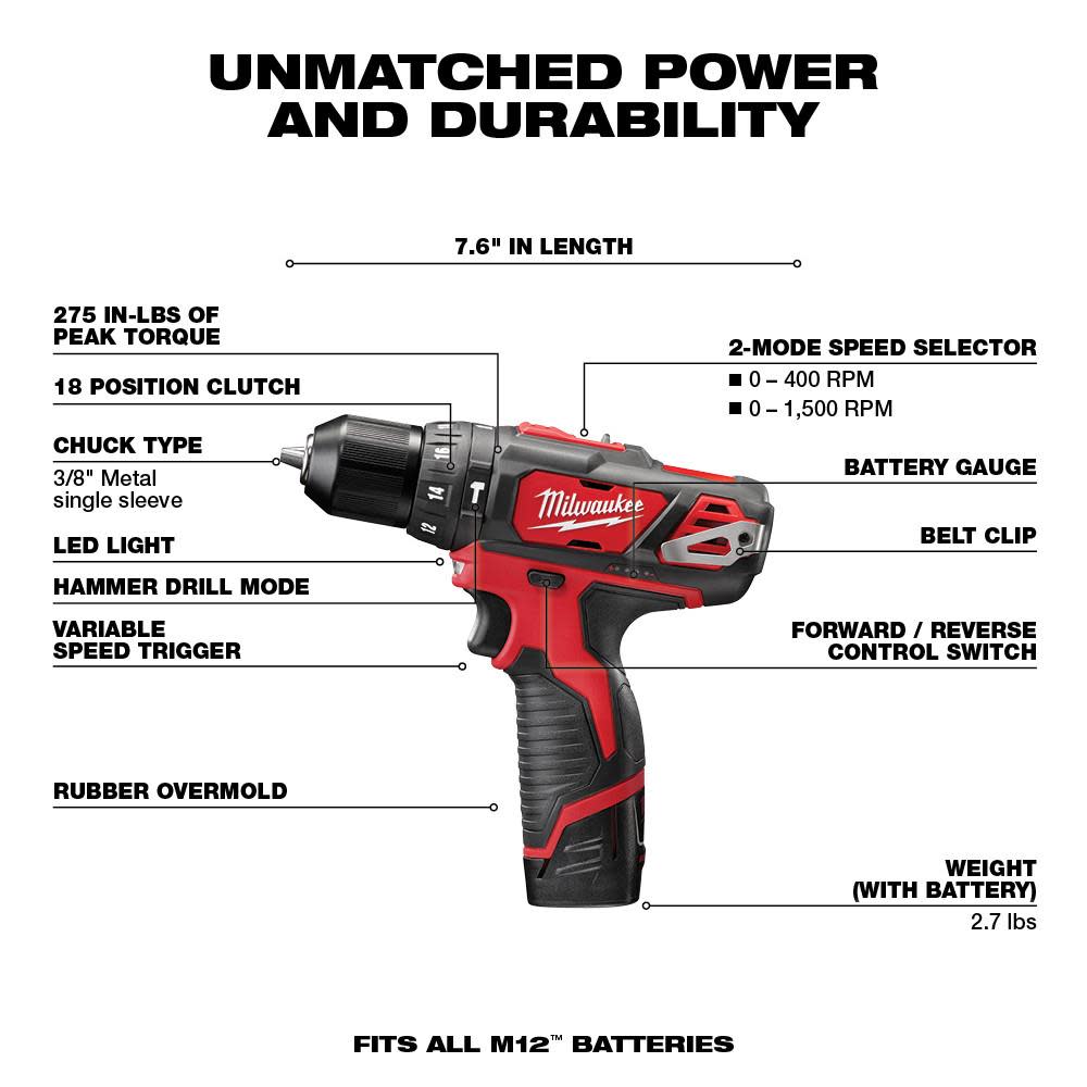 Milwaukee M12 3/8 in. Hammer Drill/Driver - Ascmtools