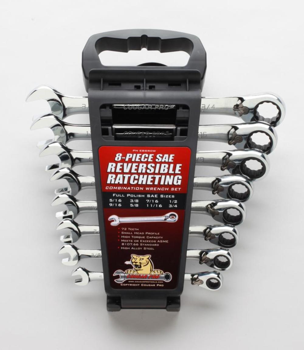 Cougar Pro 8 pc. SAE Full Polish Ratcheting Combination Wrench Set (5/16″ to 3/4″) - Ascmtools